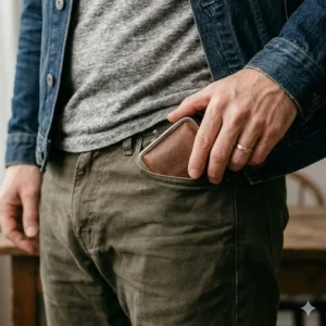 Illustration showing a compact mens coin purse fitting easily into a front trouser pocket to demonstrate scale.