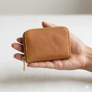 A person holding a small zip coin purse in their palm to demonstrate its compact dimensions.