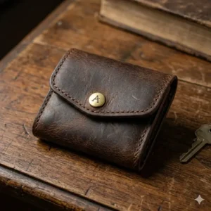 Close-up of a vintage style mens coin pouch with a secure brass snap closure.