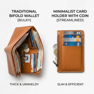 Side-by-side comparison illustration of a traditional bulky bifold wallet versus a streamlined card holder with coin pocket.