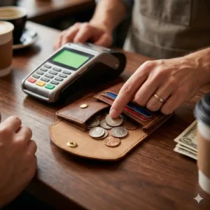 A person conveniently paying at a coffee shop counter using their coin holder wallet.