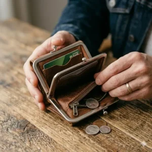 Detailed diagram of a mens coin purse interior featuring card slots and a dedicated zippered change compartment.