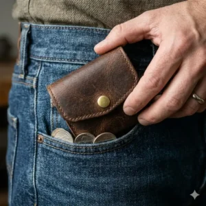 A small mens coin pouch being tucked into the front pocket of denim jeans.