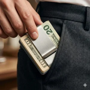 Illustration of a slim clip money clip sliding easily into a front trouser pocket.