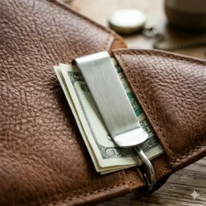 Illustration 3: Side profile comparison showing the ultra-thin design of this leather bifold wallet with money clip.