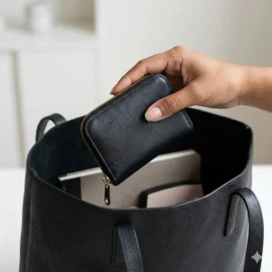 A black small zip coin purse being tucked into a larger tote bag for easy organization.