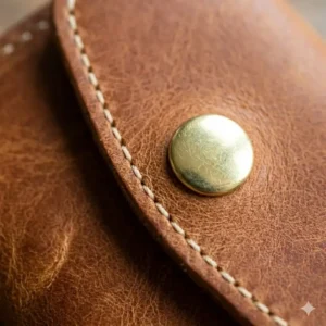 Detailed view of the reinforced stitching and durable brass snap button on a small leather coin pouch.