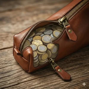 Close-up illustration of the heavy-duty zipper closure on a durable large coin pouch.