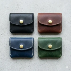 A flat lay illustration of small leather coin pouch units in black, mahogany, navy, and forest green.