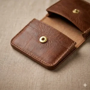 Close-up macro shot of the high-quality stitching and hardware on a coin holder wallet.