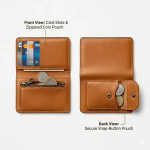 Flat-lay illustration showing the front card slots and the reverse side featuring a secure card holder with coin slot.