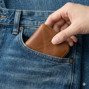 Illustration showing how a slim small zip coin pouch easily slides into a front jeans pocket without adding bulk.