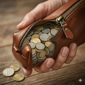 Illustration of a hand holding a large coin pouch to demonstrate its ergonomic size and grip.