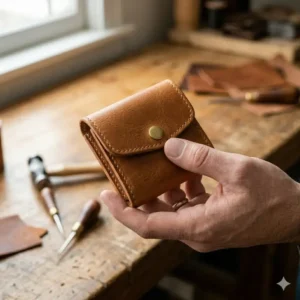 Hand-stitched tan leather mens coin pouch showcasing high-quality craftsmanship.