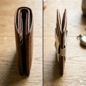 Illustration 4: Visual demonstration of the RFID blocking technology inside a leather bifold wallet with money clip.