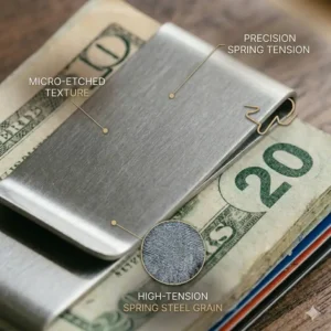 Close-up technical view of the high-tension spring steel used in the slim clip money clip.