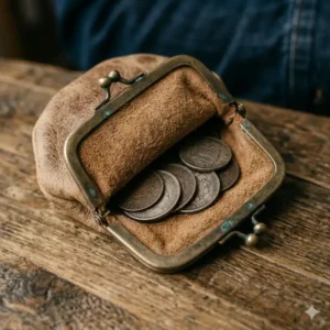 Retro-style illustration of a horseshoe-shaped mens coin purse in distressed tan leather.