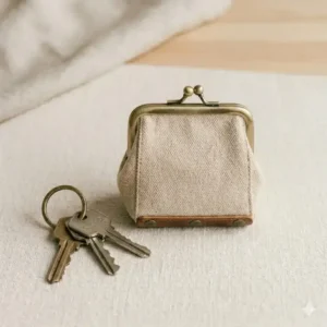 A compact travel-sized coin purse purse placed next to a set of keys to demonstrate its small size.
