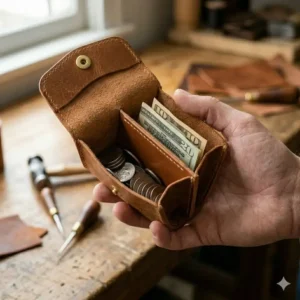 Open mens coin pouch showing internal compartments for coins and folded cash.
