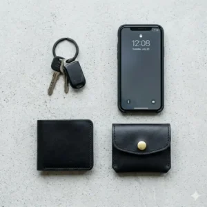 A minimalist everyday carry setup featuring keys, a smartphone, and a sleek small leather coin pouch.
