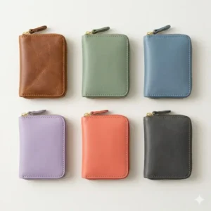 An array of small zip coin pouch illustrations in various pastel colors, showcasing a minimalist and modern design.