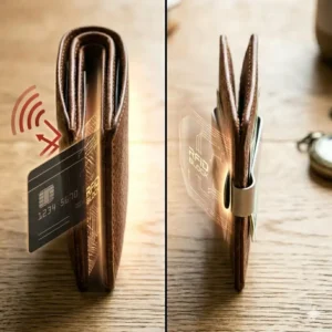 Illustration 5: A person placing a minimalist leather bifold wallet with money clip into a front pocket.