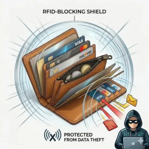 Illustration depicting digital protection waves being blocked by a card holder with coin compartment to represent identity theft protection.