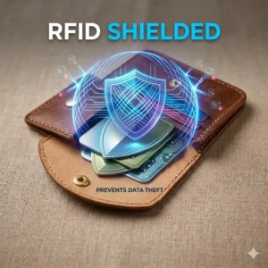 A technical graphic showing the protective RFID blocking layers of a coin holder wallet.