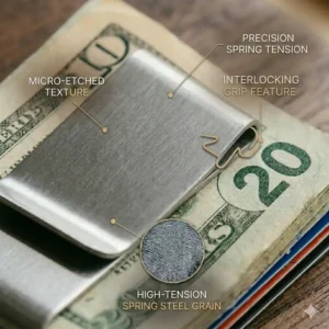 Illustration highlighting the secure interlocking grip feature of the slim clip money clip.