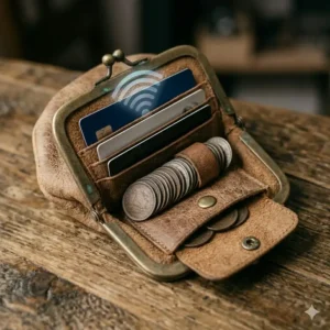 Graphic illustration highlighting the slim profile and RFID-blocking technology of a modern mens coin purse.