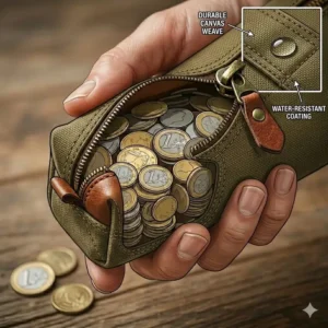 Illustration highlighting the reinforced stitching and water-resistant canvas of a large coin pouch.