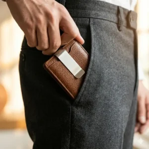 Illustration 6: Fully loaded view showing card slots and cash inside a leather bifold wallet with money clip.