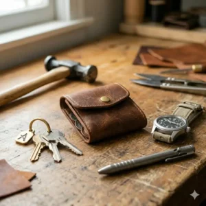 A compact mens coin pouch as part of an everyday carry (EDC) kit with keys and a watch.