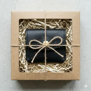 A small leather coin pouch presented in a sustainable kraft paper gift box with a ribbon.