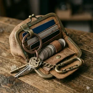 Illustration of a multi-functional mens coin purse with an integrated key ring and carabiner clip.