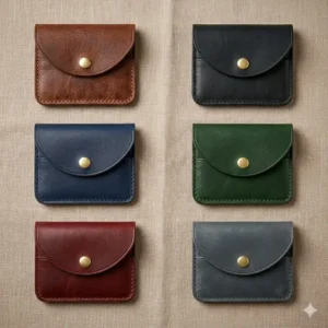 Top-down view of a coin holder wallet available in various colors like black, blue, and green.
