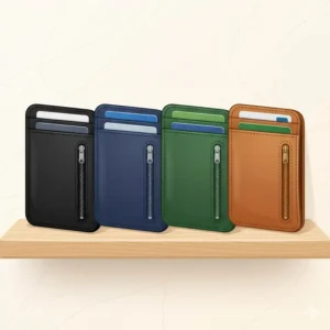 A row of minimalist card holder with coin options in various colors like black, navy blue, and forest green.