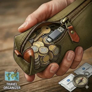 Illustration showing a large coin pouch used as a travel organizer for keys, coins, and small tech.