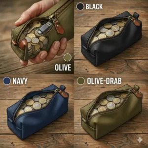 Graphic illustration displaying a large coin pouch available in multiple colors like black, navy, and olive.