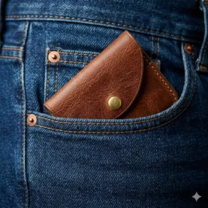 A compact coin holder wallet sliding easily into the front pocket of blue denim jeans.