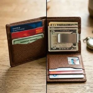 Illustration 7: Luxury packaging and gift box for a professional leather bifold wallet with money clip.