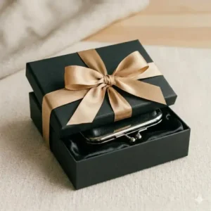 A luxury coin purse purse packaged in a black gift box with a gold silk ribbon.