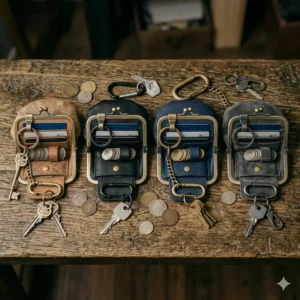 Illustration showcasing a variety of mens coin purse color options including black, navy blue, and charcoal grey.