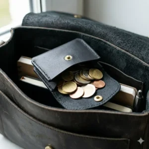 An illustration showing a small leather coin pouch being used to organize loose change inside a larger handbag.