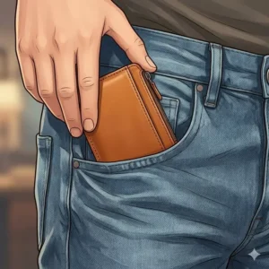 Illustration of a slim card holder with coin pocket fit, sliding easily into a front pants pocket.