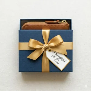 Illustration of a small zip coin pouch inside a premium gift box, highlighting its suitability as a practical gift.