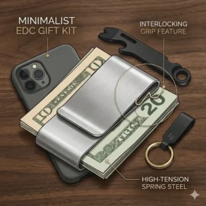 A slim clip money clip presented in an elegant black luxury gift box for men.