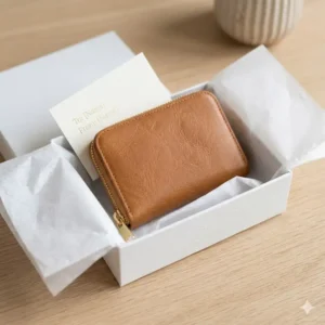 A small zip coin purse wrapped in tissue paper inside a white gift box with a card.