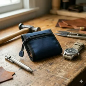 A durable zippered mens coin pouch in navy blue nylon for secure storage.