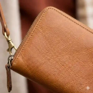 Close-up macro shot showing the pebbled texture and stitching of a genuine leather wristlet